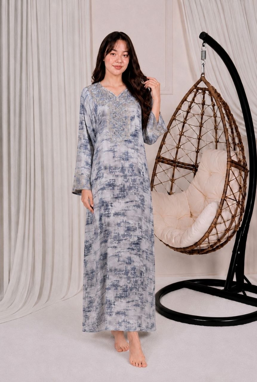 Mkhouar long brodé femme bleu gris – Dynasty Maroc