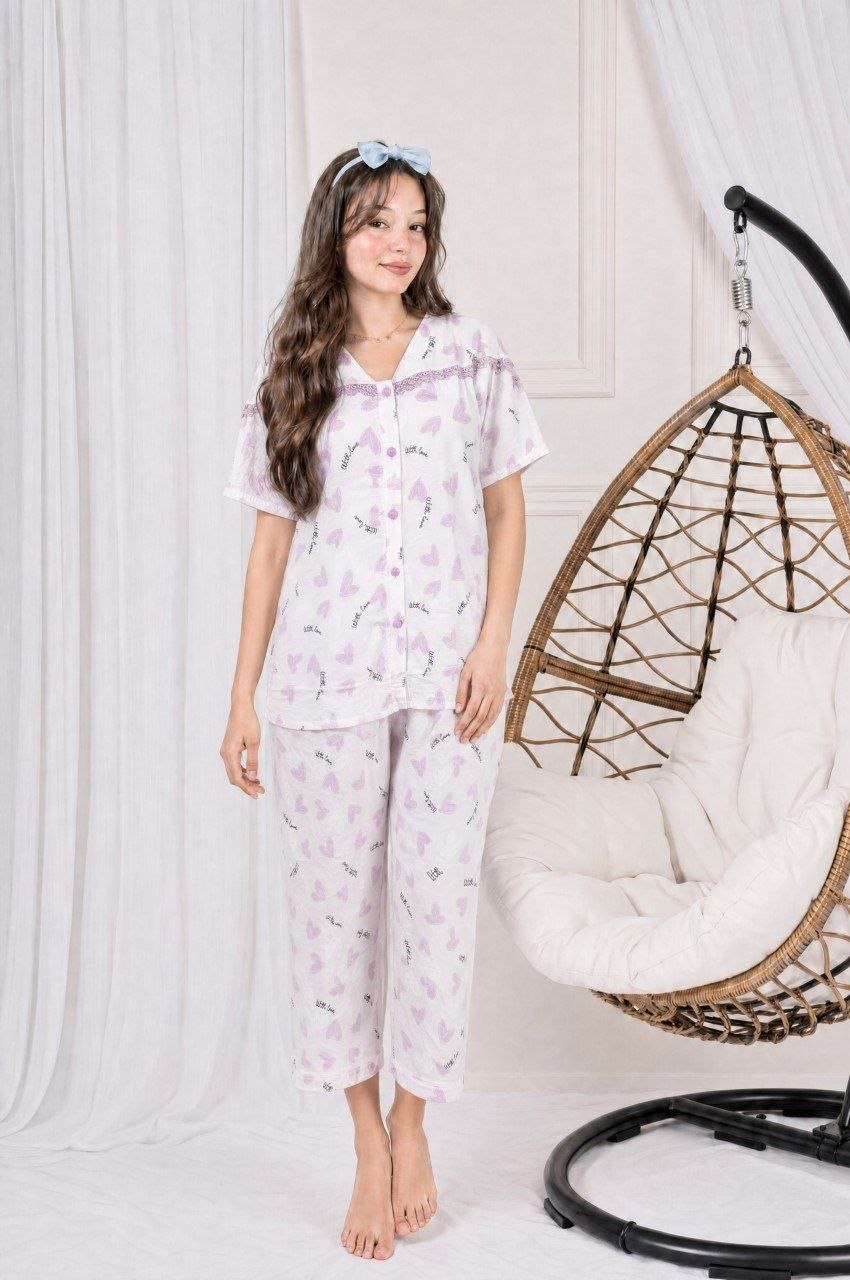 Pyjama Hanan 2 pièces manches courtes cœurs lilas – Dynasty Maroc