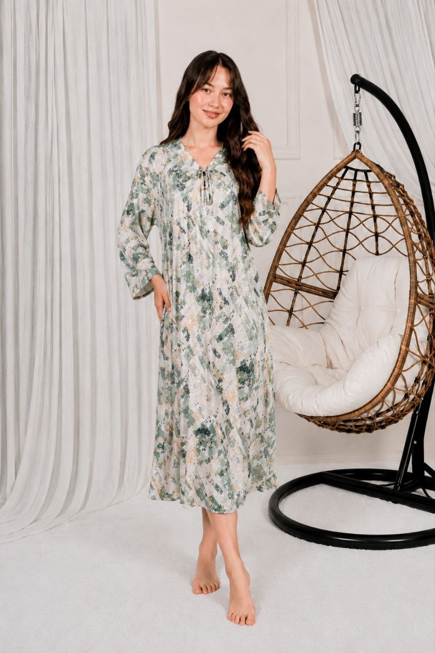 Robe d'Intérieur Fluide Motif Aquarelle – Col V Noué