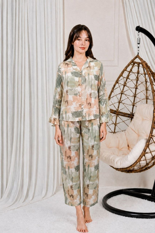 Pyjama 2 pièces femme motif pinceau vert pêche – Dynasty Maroc