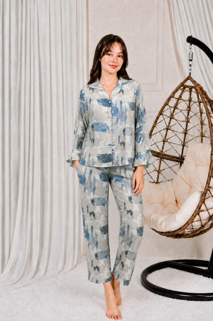 Pyjama 2 pièces femme motif pinceau bleu gris – Dynasty Maroc