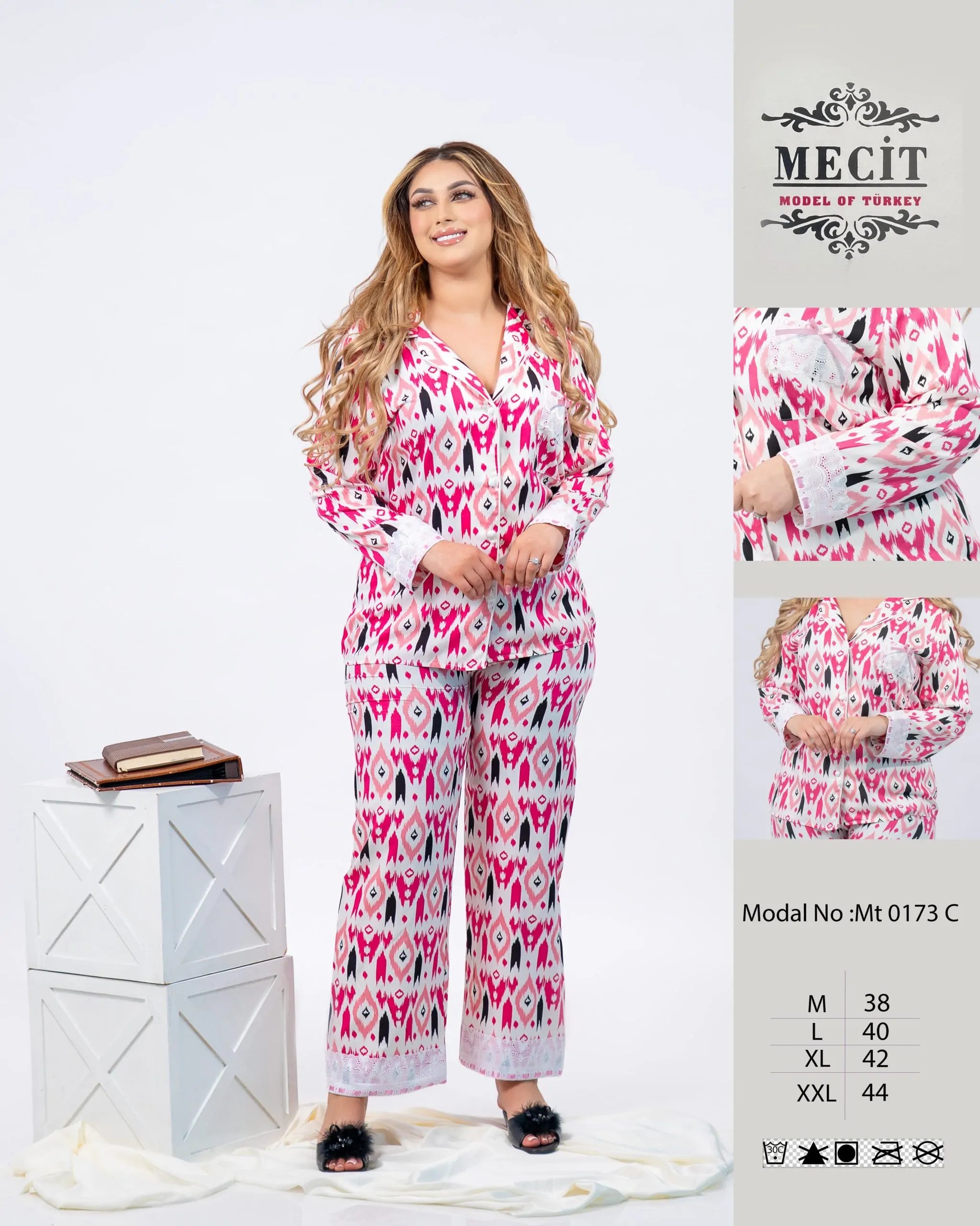 Pyjama 2 pièces femme motif ikat rose fuchsia – Dynasty Maroc
