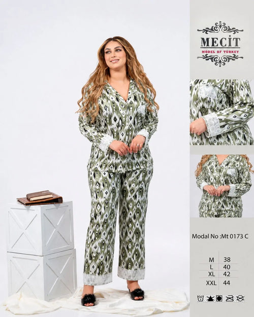 Pyjama 2 pièces femme motif ikat vert kaki – Dynasty Maroc
