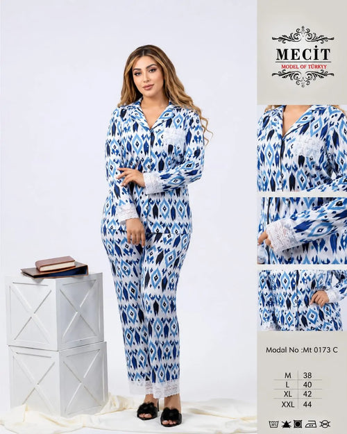 Pyjama 2 pièces femme motif ikat bleu – Dynasty Maroc